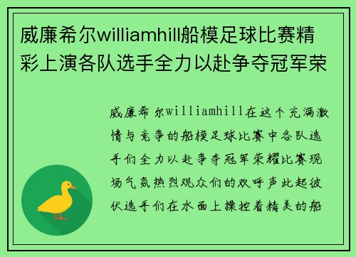 威廉希尔williamhill船模足球比赛精彩上演各队选手全力以赴争夺冠军荣耀