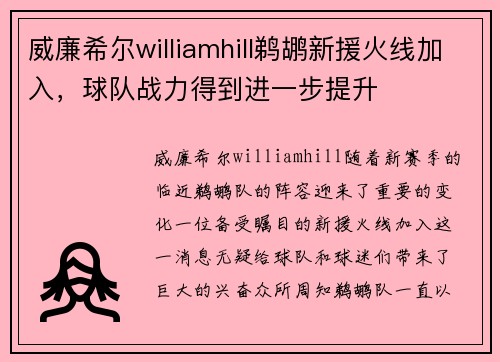 威廉希尔williamhill鹈鹕新援火线加入，球队战力得到进一步提升